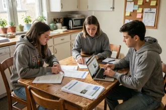 Trois étudiants colocataires autour d'une table de cuisine discutant des documents d'assurance habitation