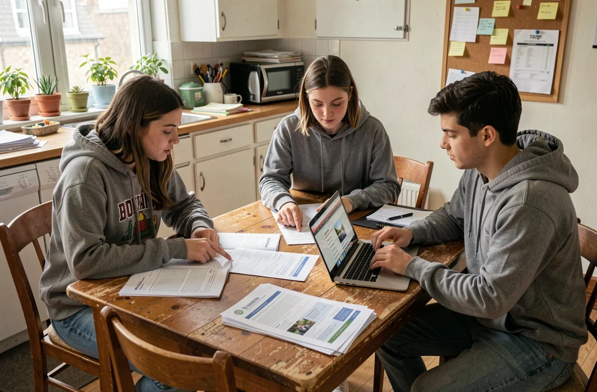 Trois étudiants colocataires autour d'une table de cuisine discutant des documents d'assurance habitation