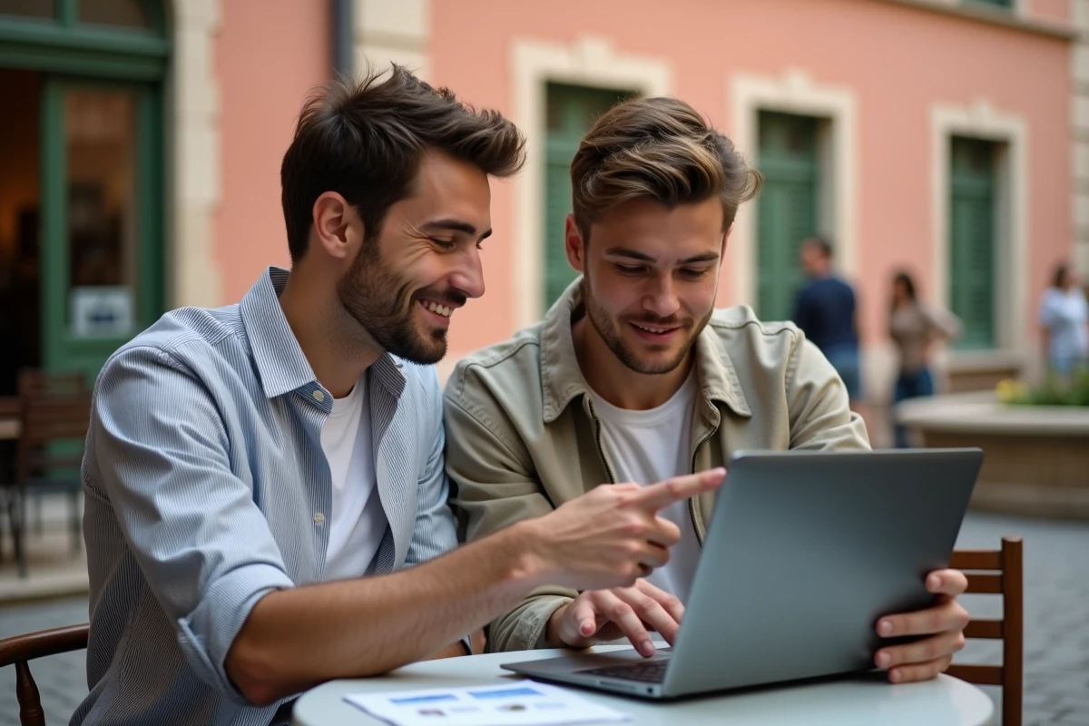 Deux étudiants Erasmus consultant des annonces immobilières sur Le Bon Coin en terrasse à Toulouse
