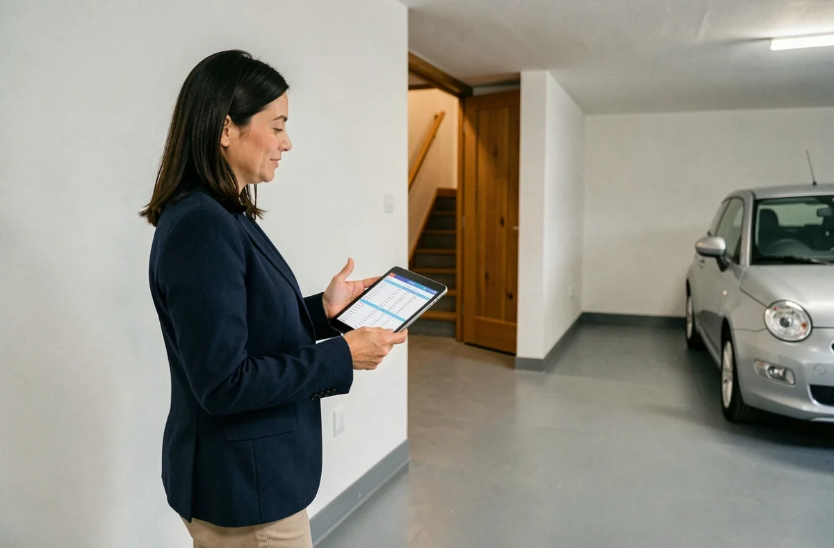 Femme évaluant le coût d'un garage en sous-sol fini avec tablette d'estimation immobilière