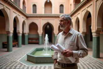 Architecte évaluant le potentiel d'un ancien riad à Marrakech dans une cour intérieure avec fontaine en zellige