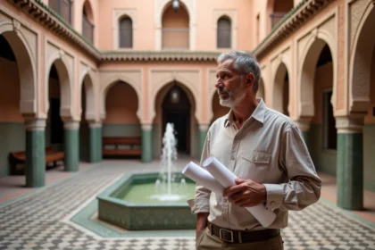 Architecte évaluant le potentiel d'un ancien riad à Marrakech dans une cour intérieure avec fontaine en zellige