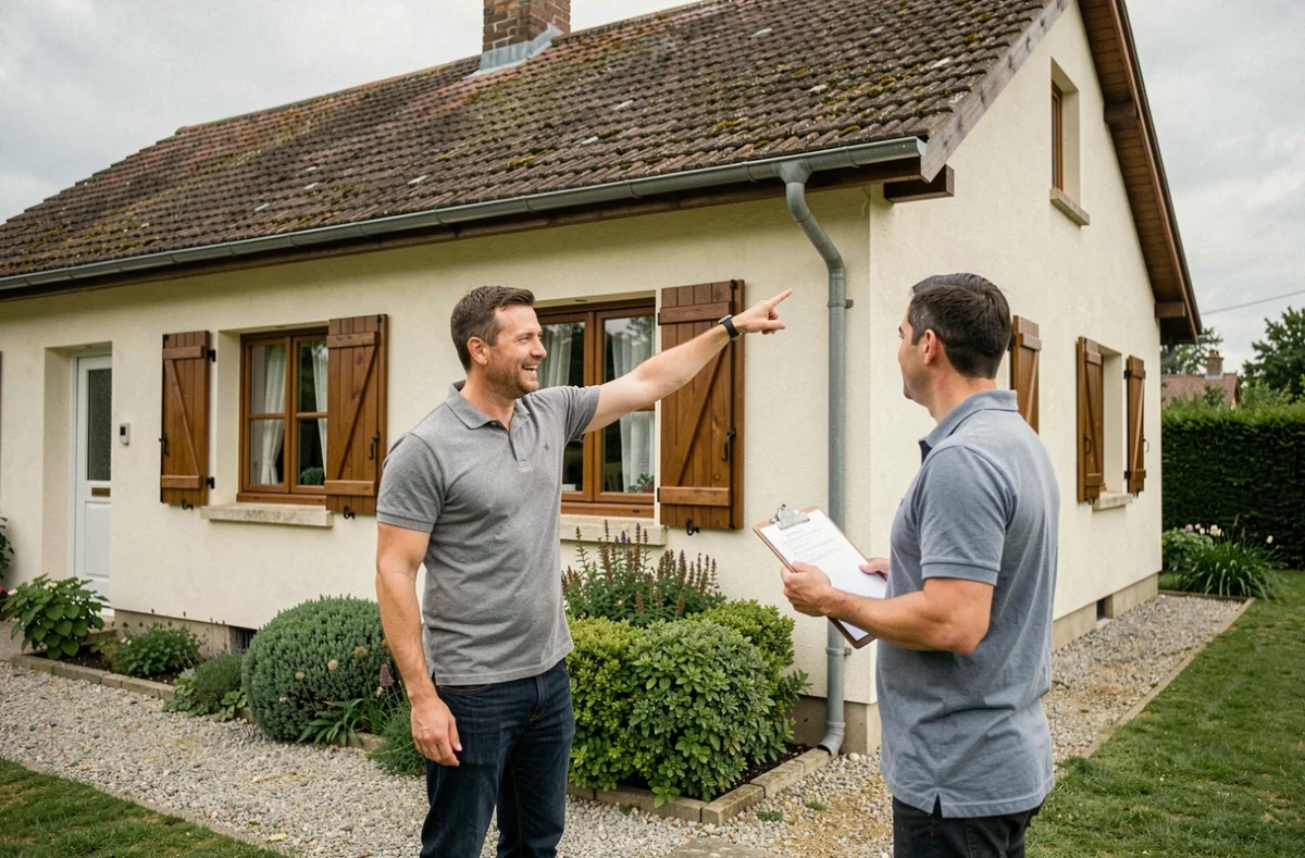 Propriétaire et expert en assurance inspectant la façade d'une maison individuelle