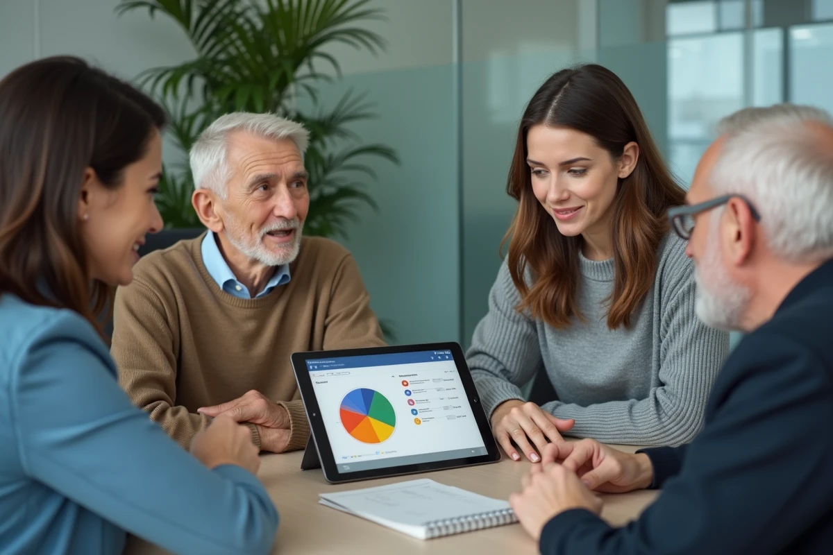 Jeune femme expliquant un diagramme à un couple âgé