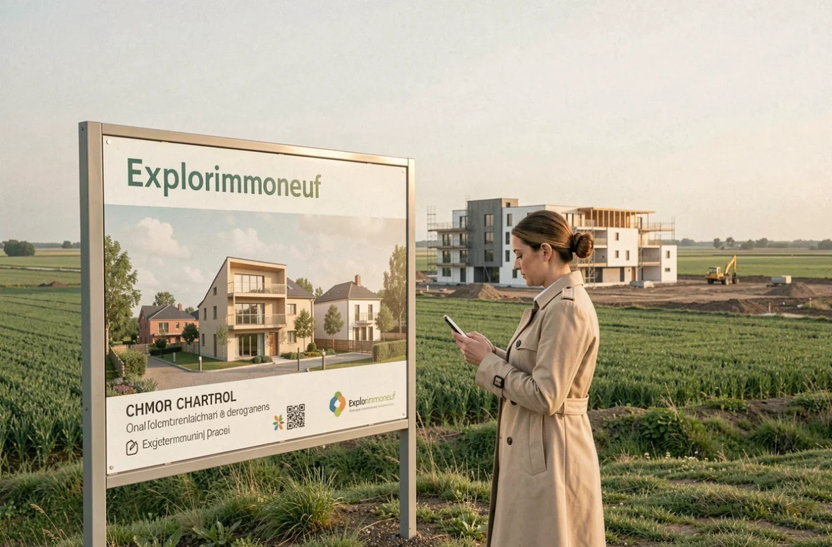 Programme immobilier neuf Explorimmoneuf à Champhol près de Chartres avec panneau de chantier et coordinatrice de projet sur site