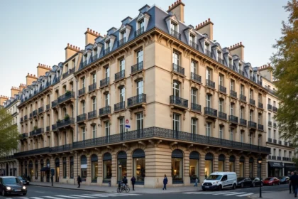 Façade d'immeuble haussmannien à Paris avec balcons en fer forgé et pierres de taille