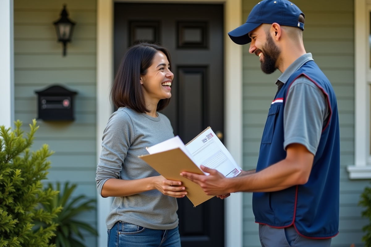 Facteur remettant du courrier à un résident souriant devant une maison