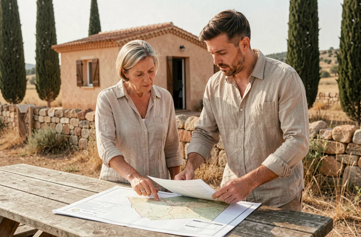 Famille consultant des documents de donation et de succession pour un terrain avec cabanon cadastré en zone rurale