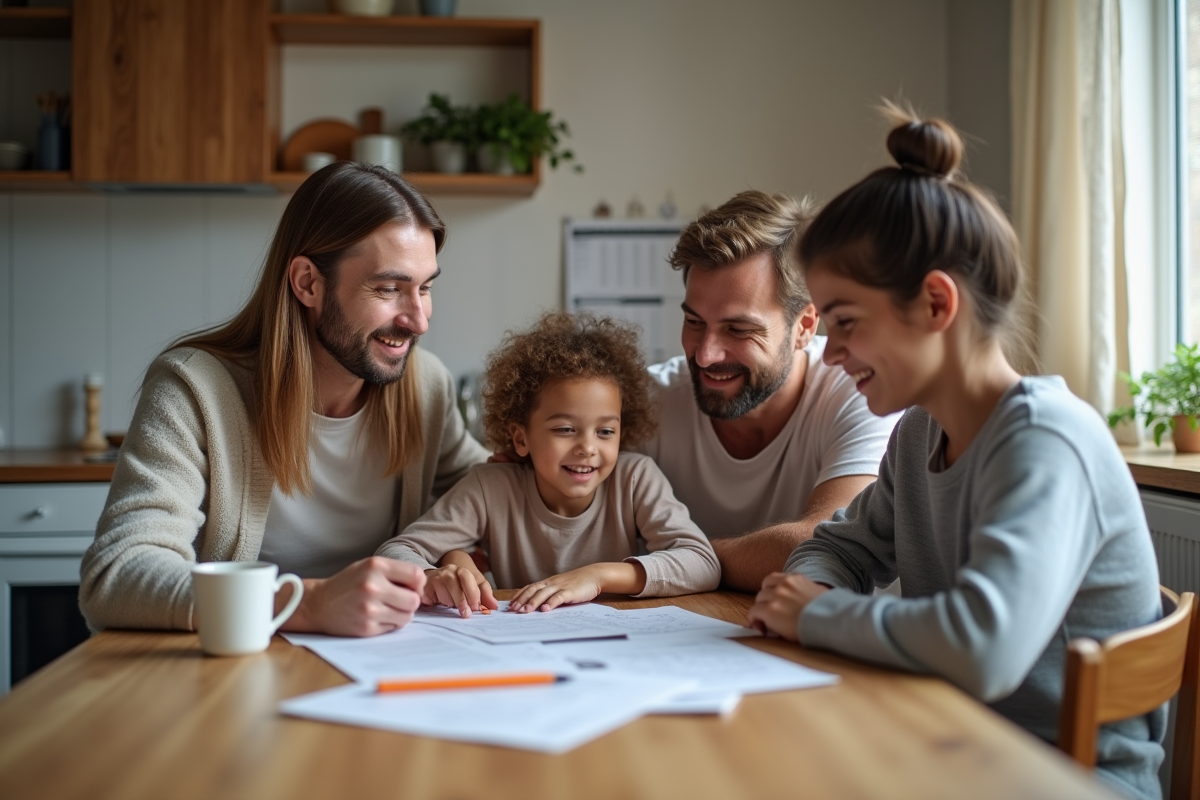 Famille discutant de papiers à la maison autour d