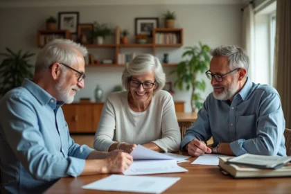 Groupe familial discutant documents dans un salon lumineux
