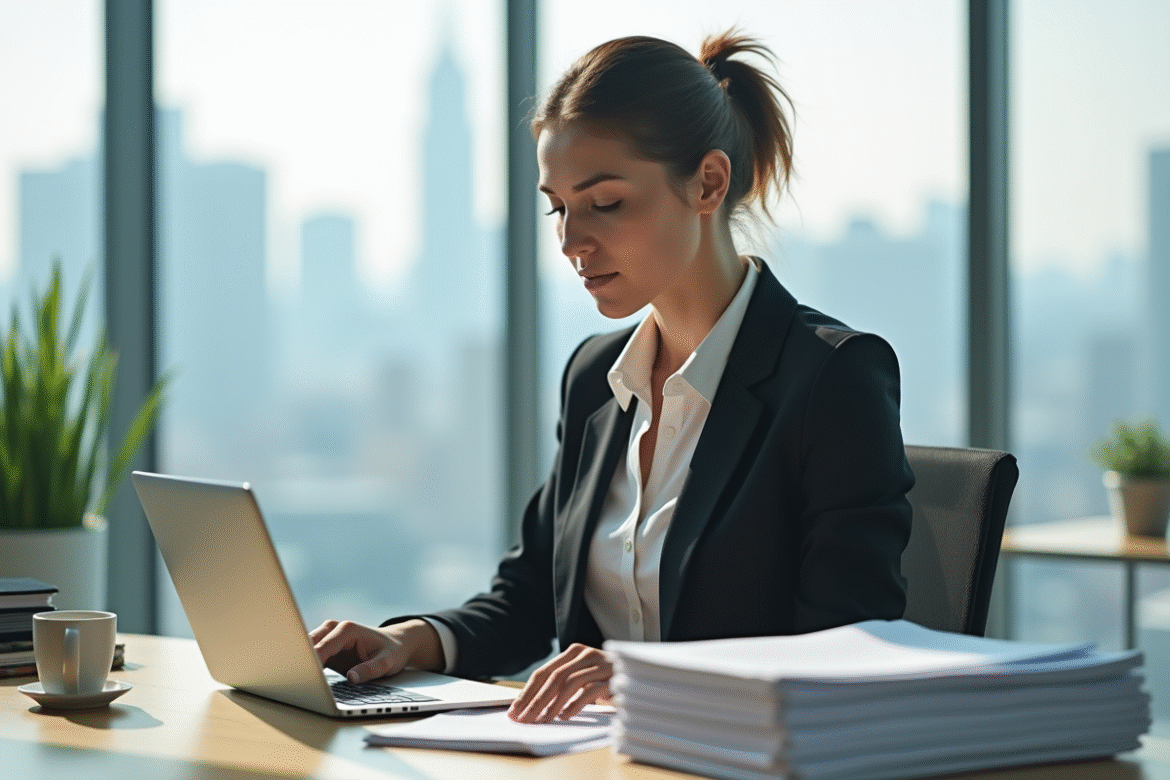 Femme d affaires en bureau moderne avec documents et ordinateur