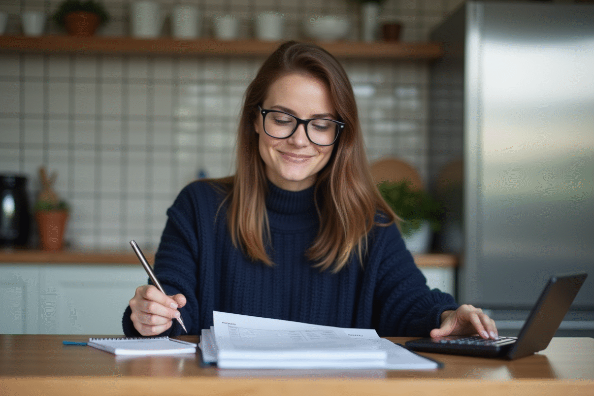 Femme souriante vérifiant ses dépenses mensuelles dans la cuisine