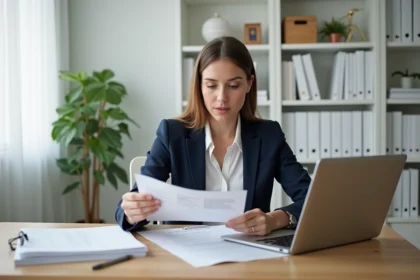 Femme professionnelle vérifiant un formulaire légal dans son bureau
