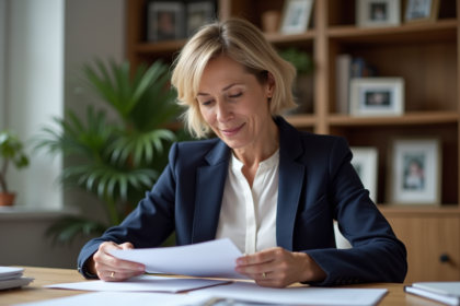 Femme d'âge moyen en bureau moderne avec papiers organisés