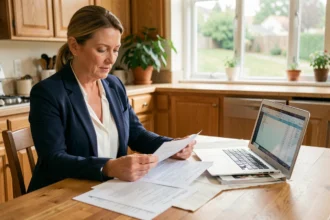 Femme consultant des documents de prêt immobilier de 200 000 euros sur une table en bois avec un ordinateur portable ouvert