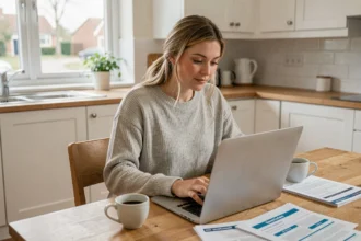 Femme comparant des offres d'assurance habitation pas chère sur son ordinateur portable dans une cuisine moderne