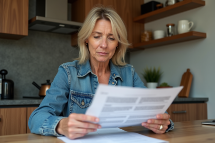 Femme d'âge moyen examine une facture de taxe foncière à la maison