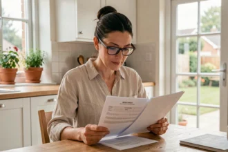 Femme consultant son contrat d'assurance habitation à la table de sa cuisine