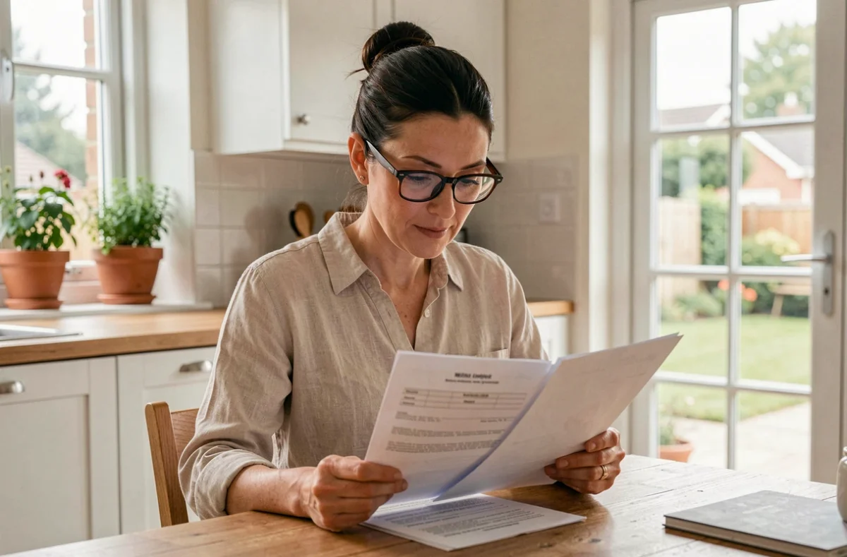 Femme consultant son contrat d'assurance habitation à la table de sa cuisine