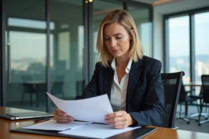 Femme d affaires examine un contrat immobilier dans un bureau moderne
