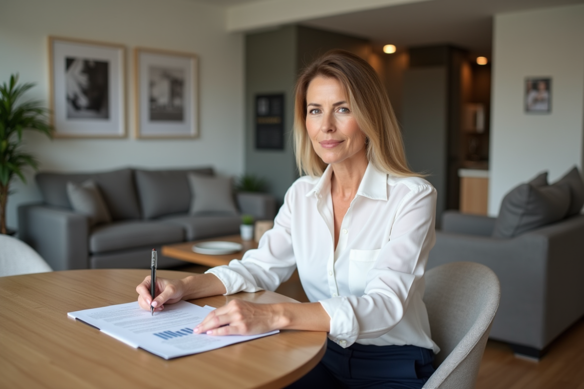 Femme d age moyen examine un contrat de location dans un intérieur moderne