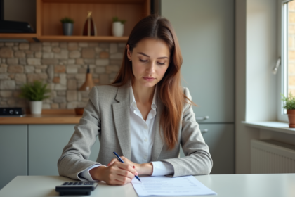 Femme examinant un contrat de prêt immobilier à la maison
