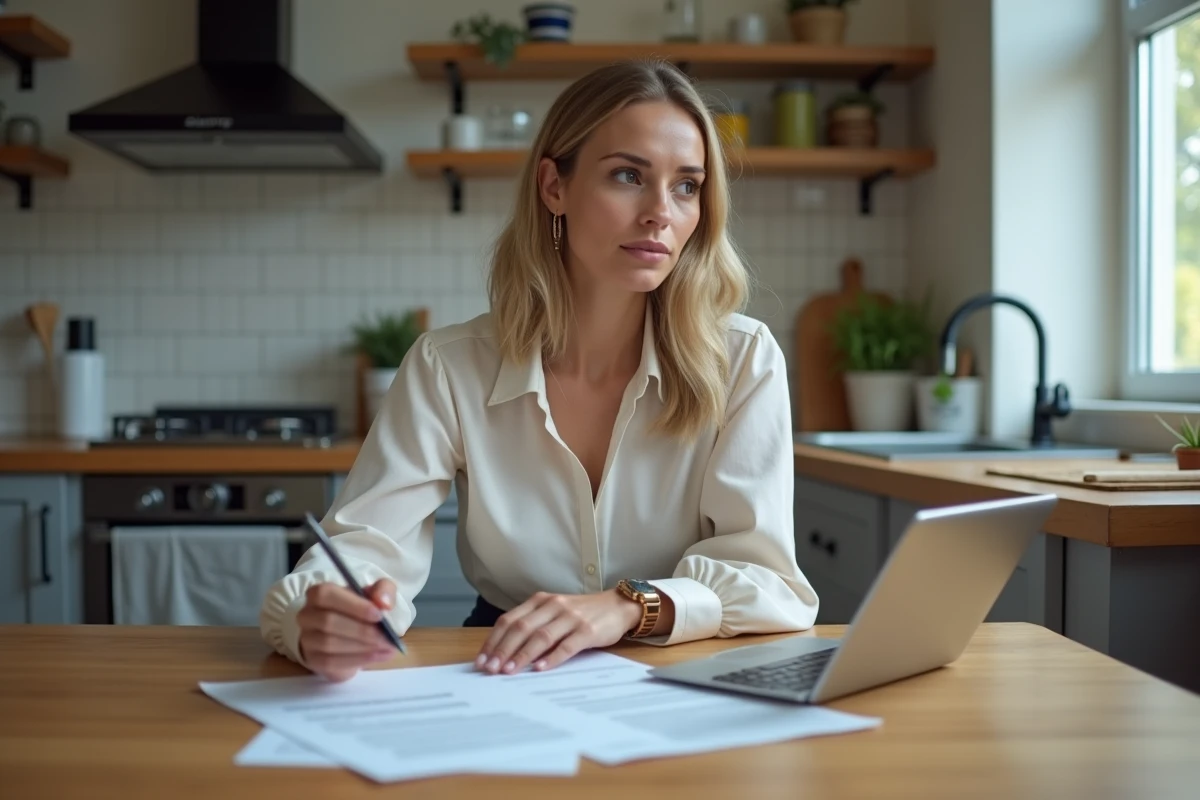 Jeune femme en blouse consulte contrat dans cuisine moderne