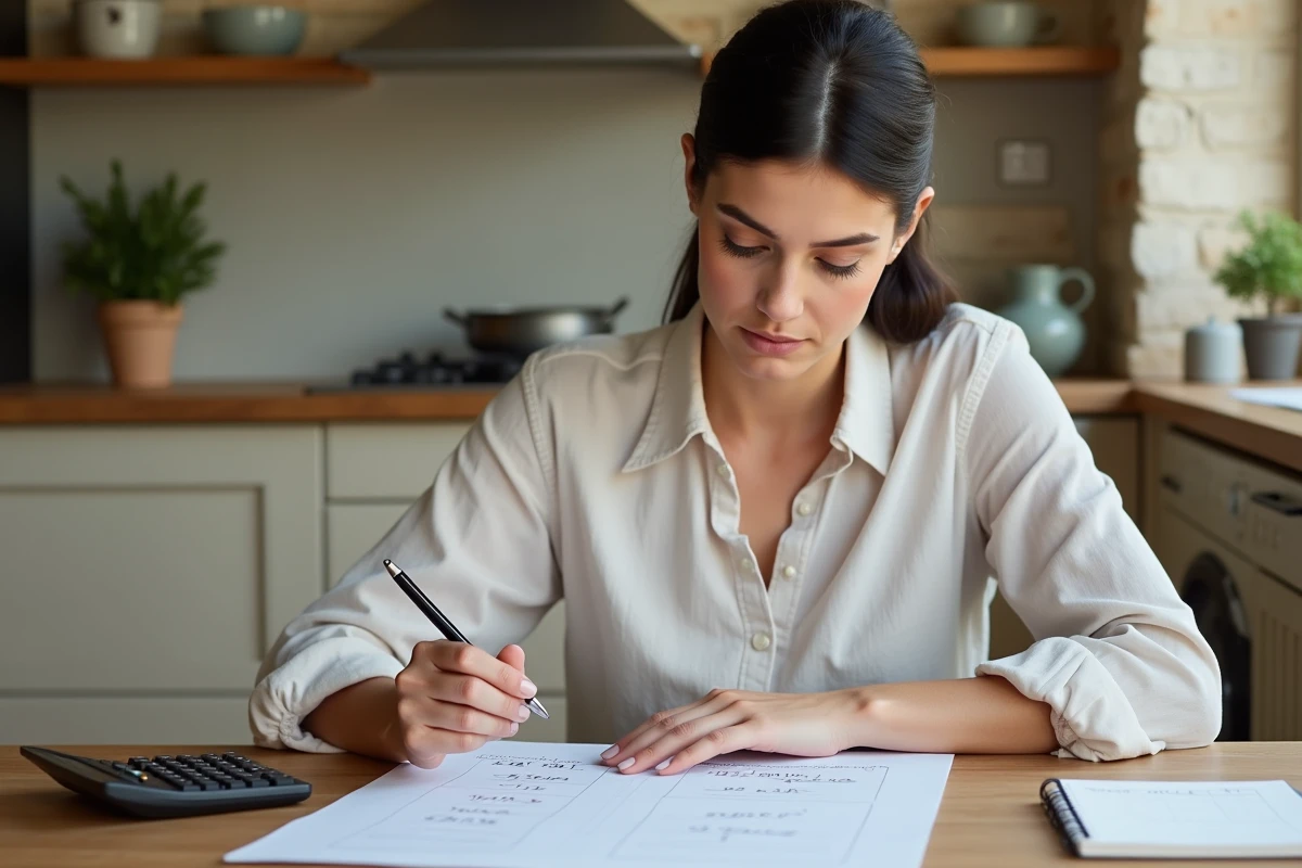 Femme consultant un document immobilier avec des conversions d'ares en mètres carrés notées à la main sur un carnet
