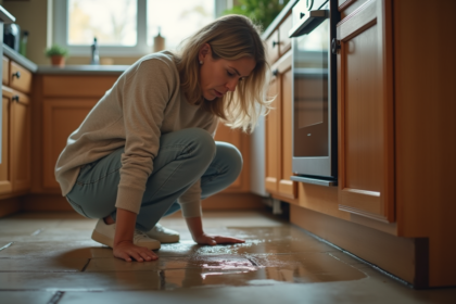 Femme surprise inspectant l'eau sur le sol de la cuisine