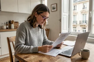 Femme consultant des documents d'assurance habitation dans un appartement de Nancy