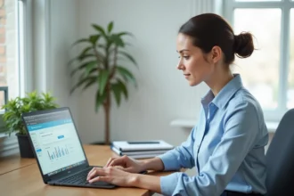 Femme consultant un dossier locataire numérique sur une plateforme comme Zelok depuis son bureau à domicile
