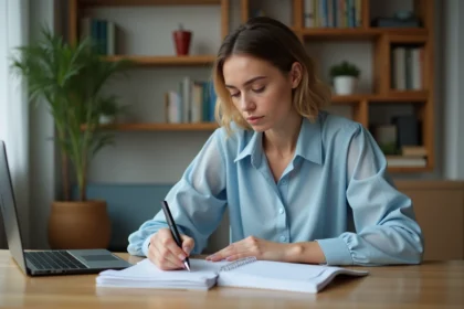 Femme écrivant une lettre dans un appartement moderne
