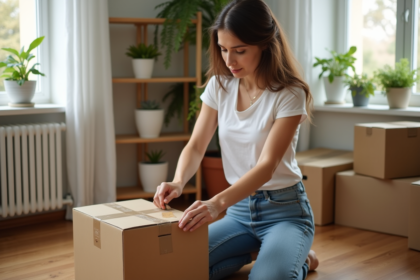 Jeune femme emballant une boxe dans un appartement organisé