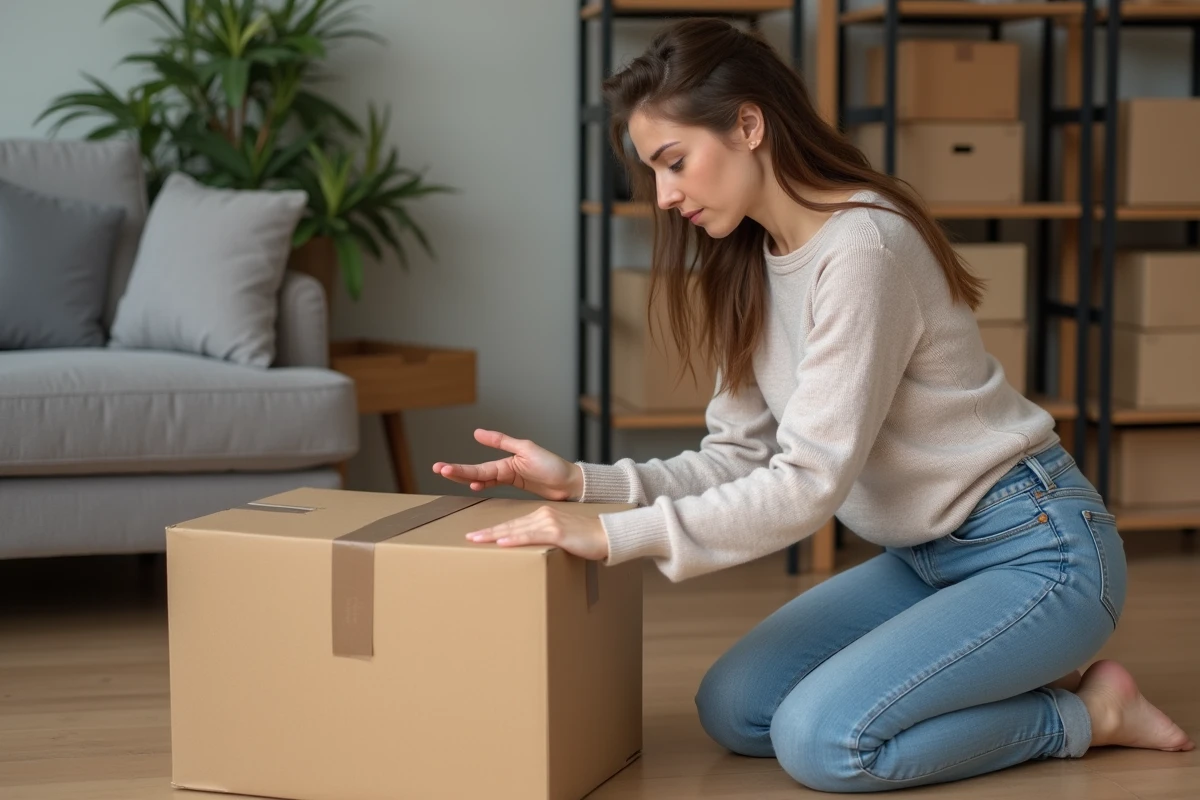 Jeune femme emballant une boxe de demenagement dans un salon