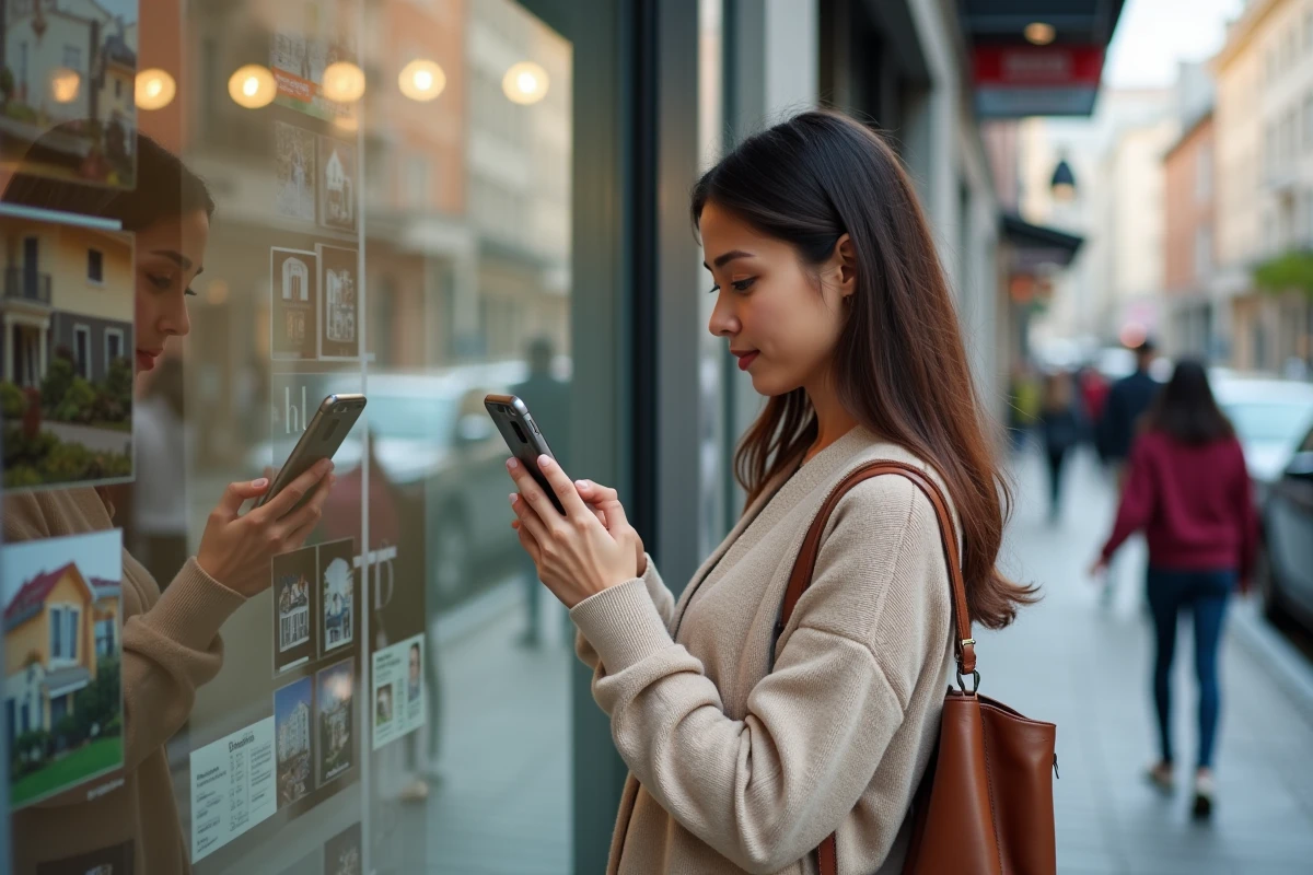 Jeune femme photographiant des annonces immobilières avec son téléphone