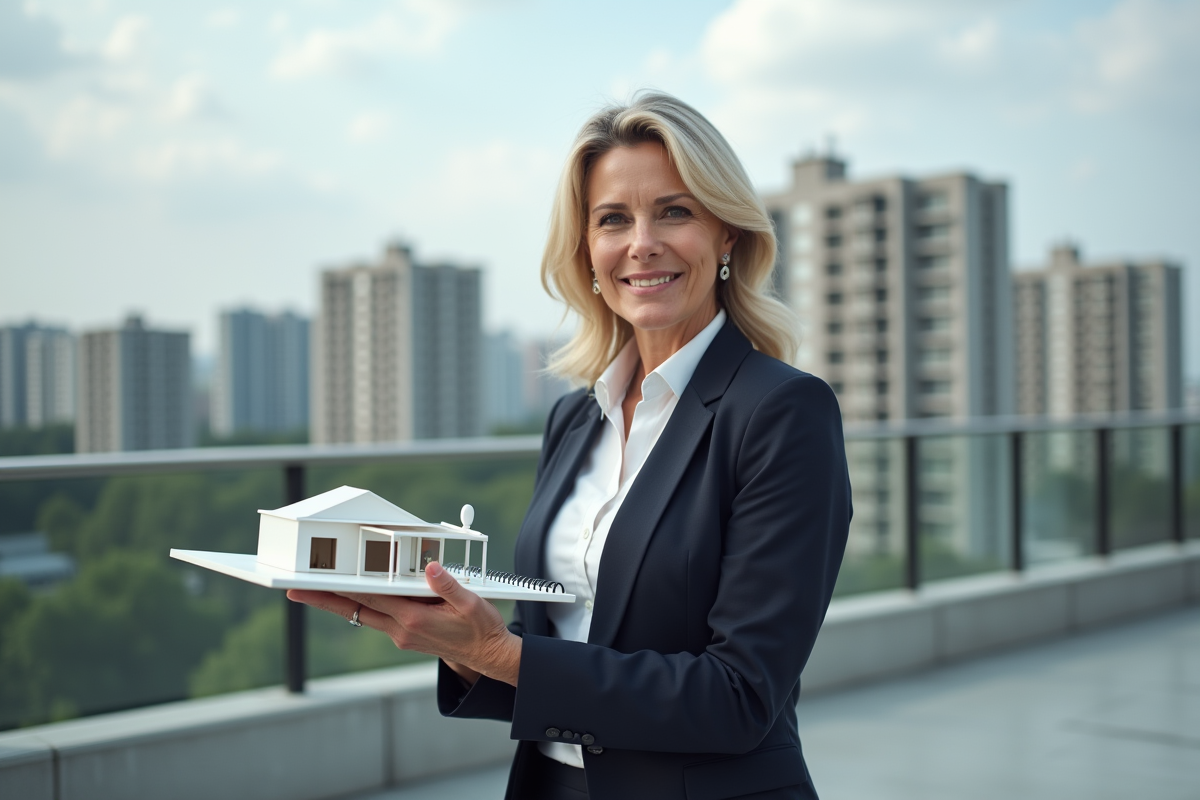 Femme daffaires sur un toit avec modele immobilier