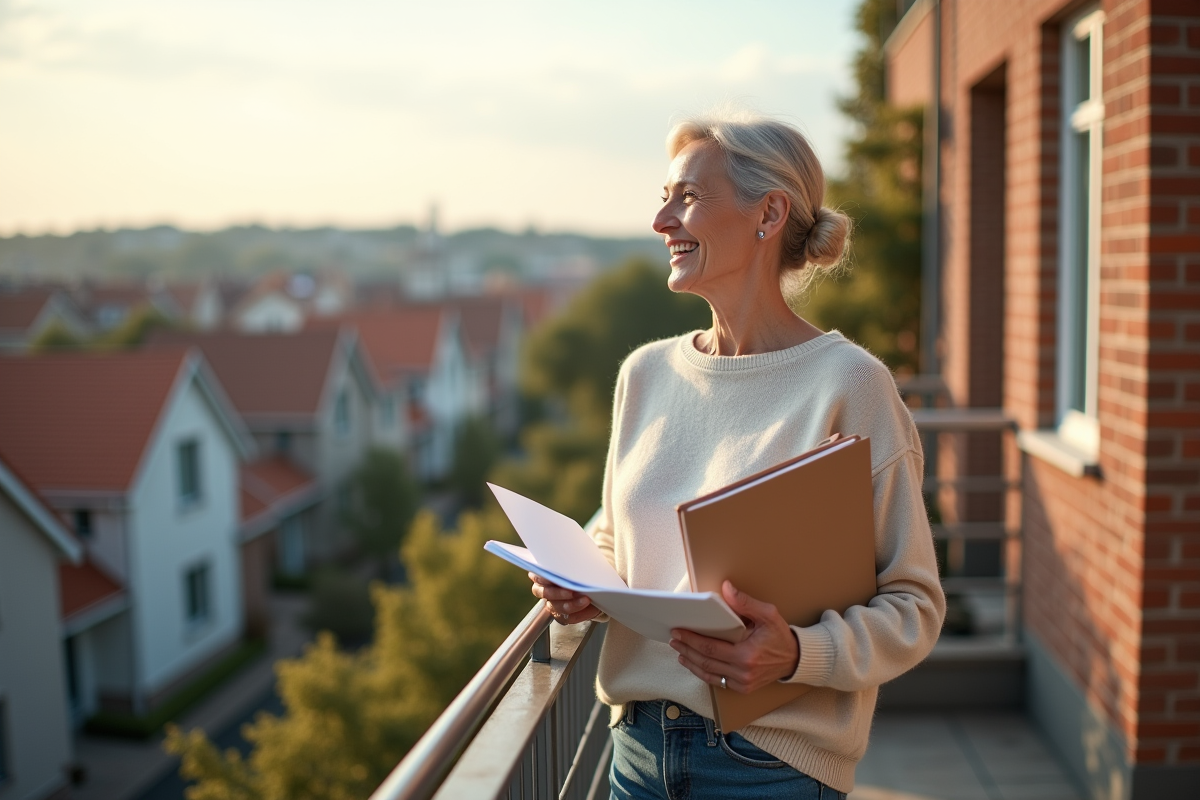 Femme mature souriante avec dossier immobilier sur terrasse en ville