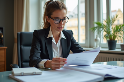 Femme professionnelle examinant documents SCPI dans un bureau parisien