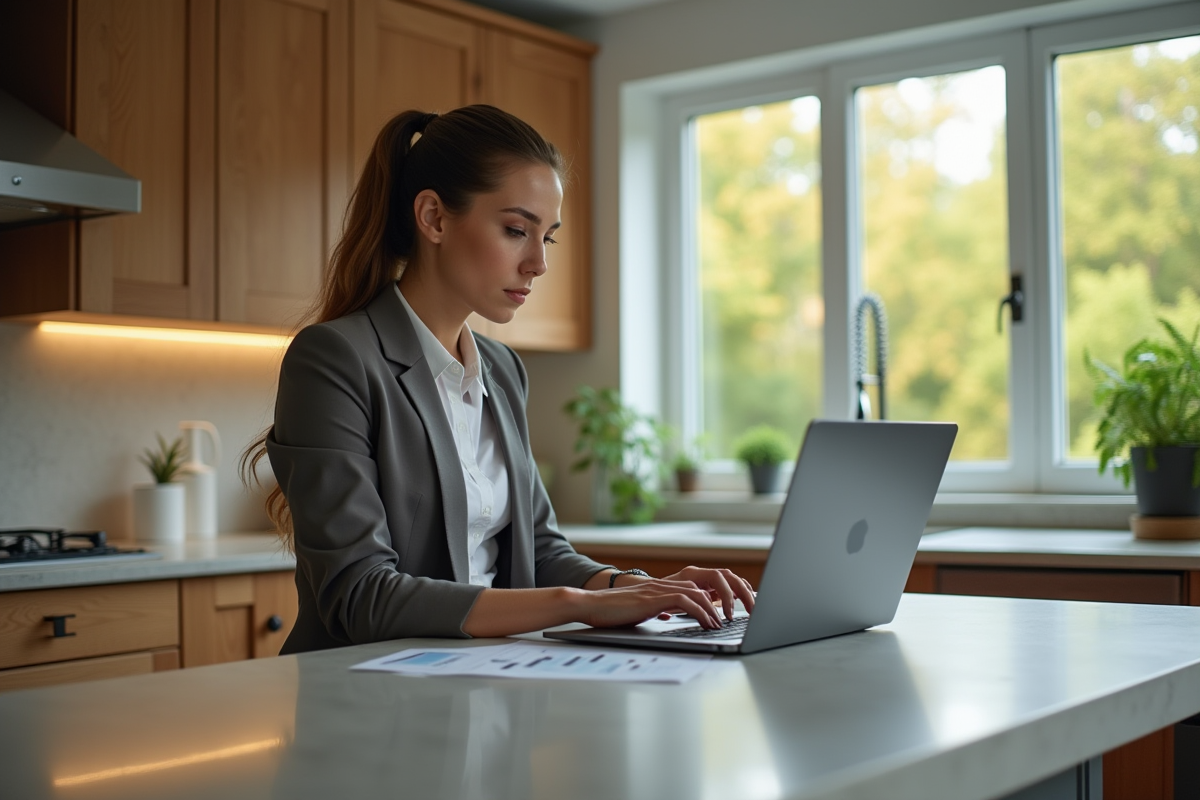 Jeune femme investisseuse dans une cuisine lumineuse