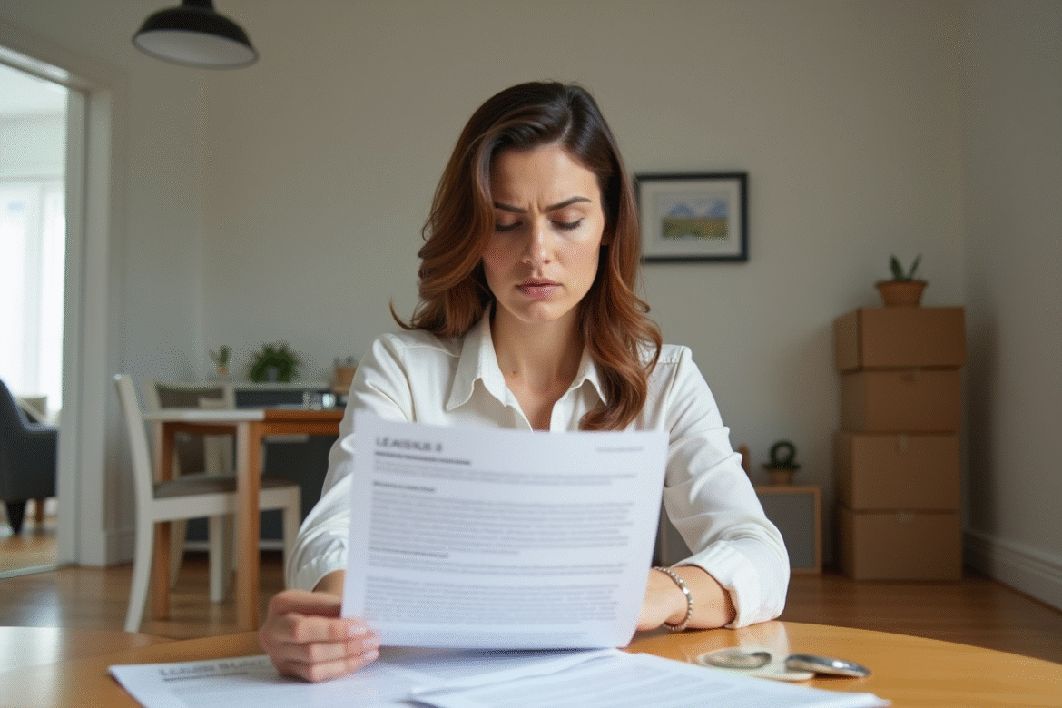 Femme lisant un contrat de location dans un appartement lumineux