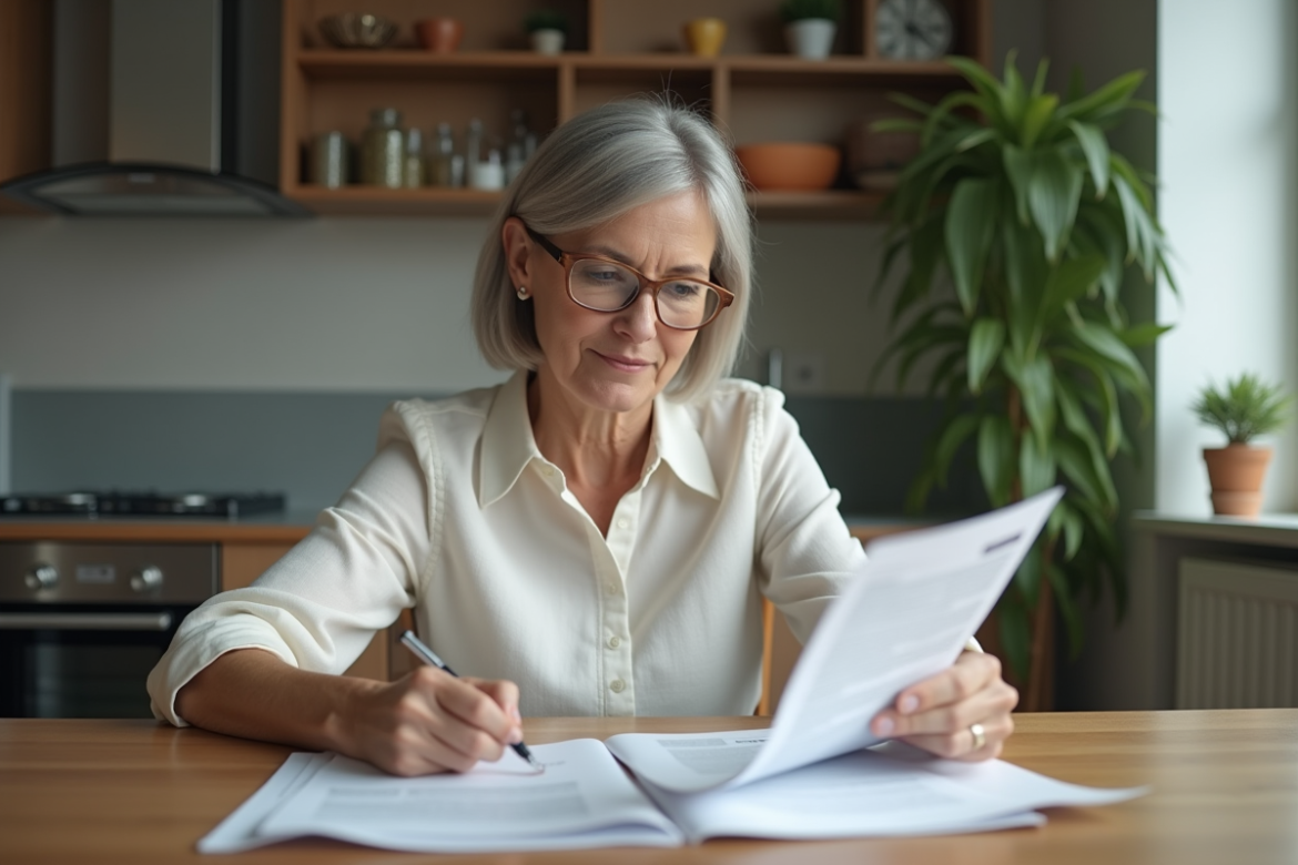 Femme d'âge moyen examinant des documents de location à la maison