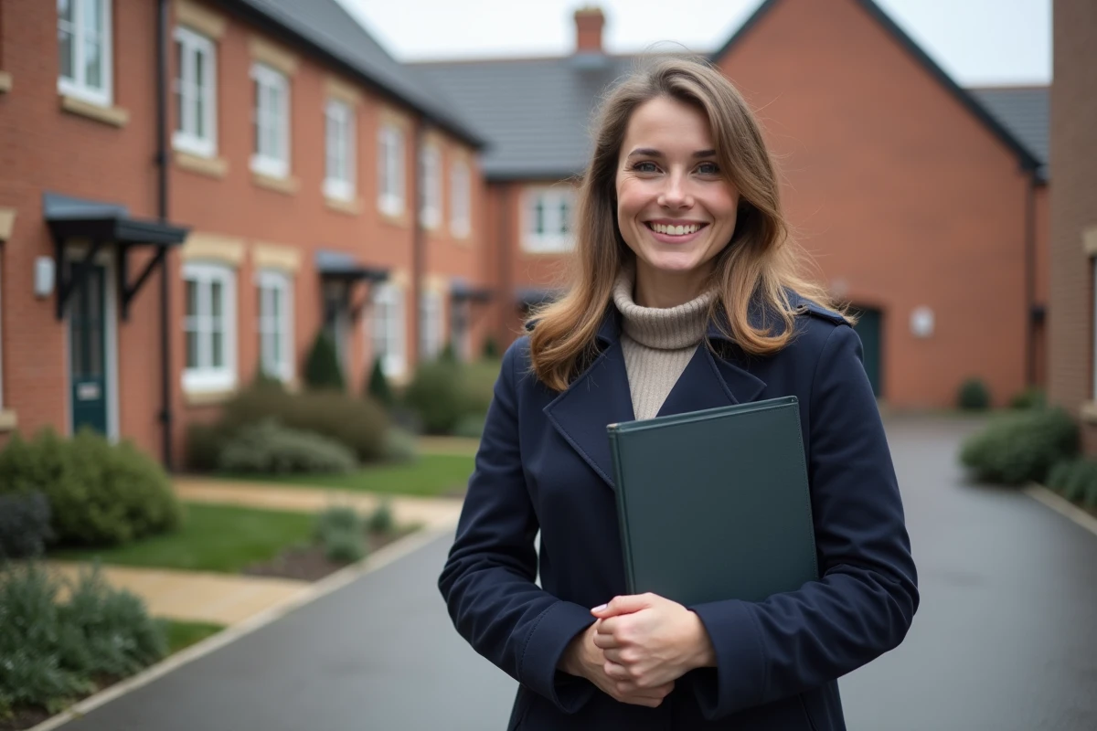 Femme souriante devant sa nouvelle maison en banlieue