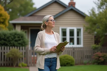 Femme d'âge moyen devant une maison avec jardin