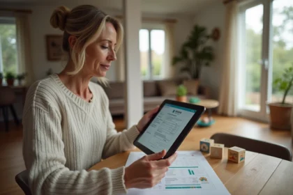 Femme d'âge moyen consulte documents d'assurance PNO