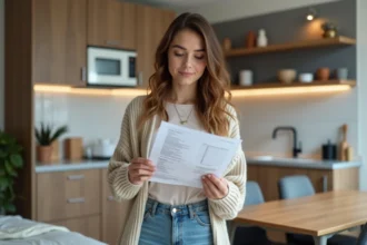 Jeune femme vérifiant une liste de meubles dans un appartement moderne