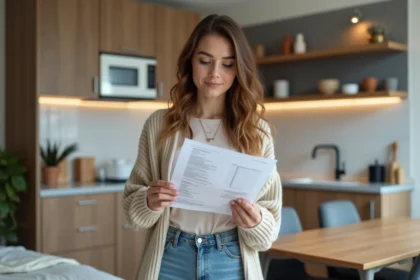 Jeune femme vérifiant une liste de meubles dans un appartement moderne