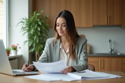 Jeune femme organisée examinant des papiers de logement