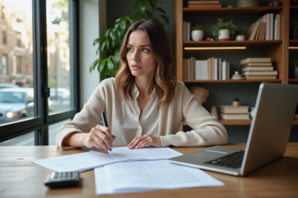 Femme organisée examinant des papiers de location dans un appartement moderne