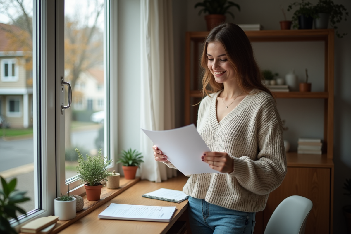 Jeune femme dans un bureau cosy vérifiant un prêt immobilier