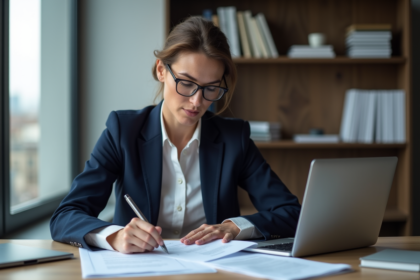 Femme professionnelle en tailleur navy lisant des documents